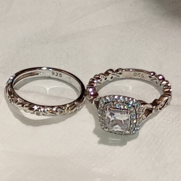 Sterling Silver Engagement And Wedding Band Ring Set/NWOT/Cocktail Ring & Band - Picture 6 of 16